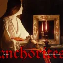 Anchorites album cover — Georges de La Tour-style painting of a woman at a candlelit mirror, with a skull, overlaid with the title "anchorites" in red gothic type