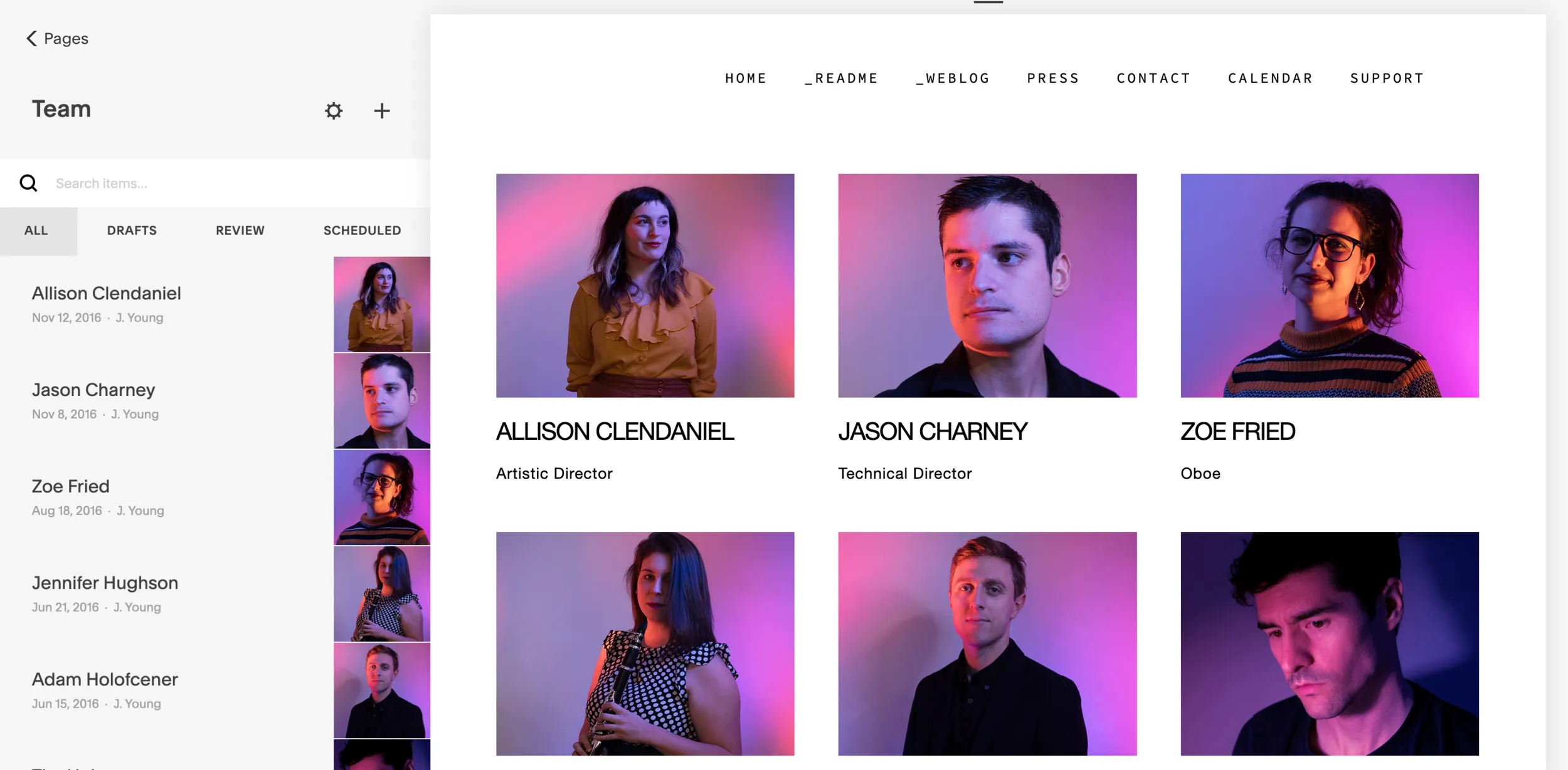 Squarespace CMS panel where team members can be added through the system.
